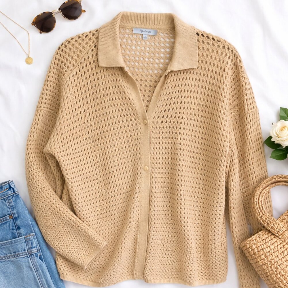 🌾 Madewell Open-Knit Collared Cardigan • Size M • Camel Tan 🌾